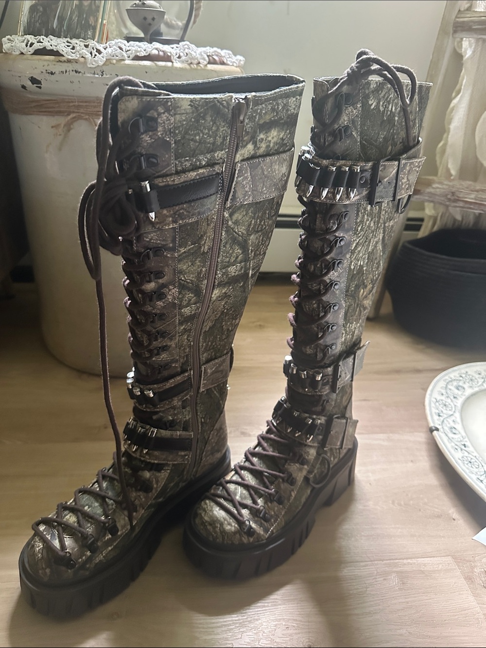 Dolls Kill Camouflage Lace-Up Knee-High Combat Boots